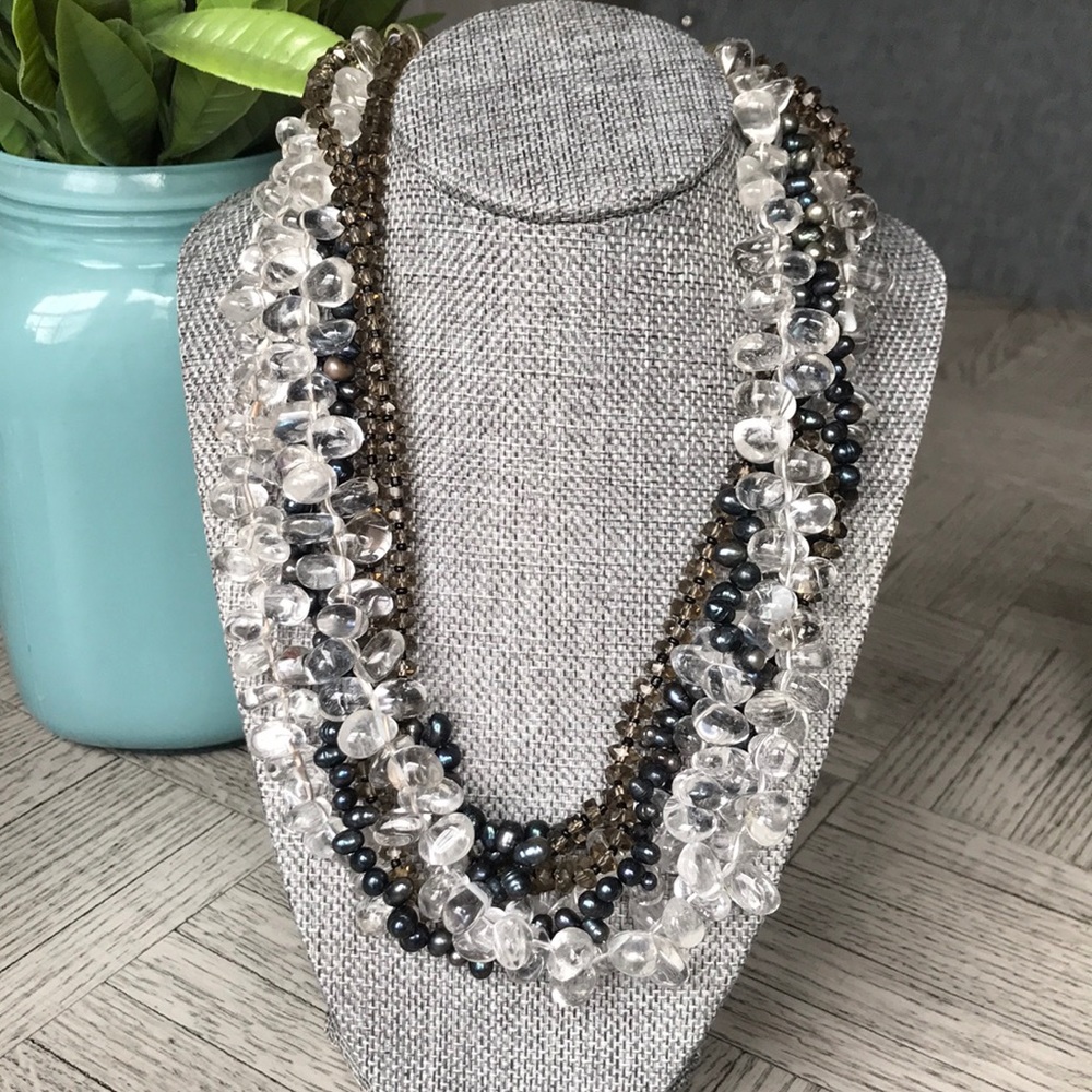 Glass beaded necklace.  Blue brown and glass